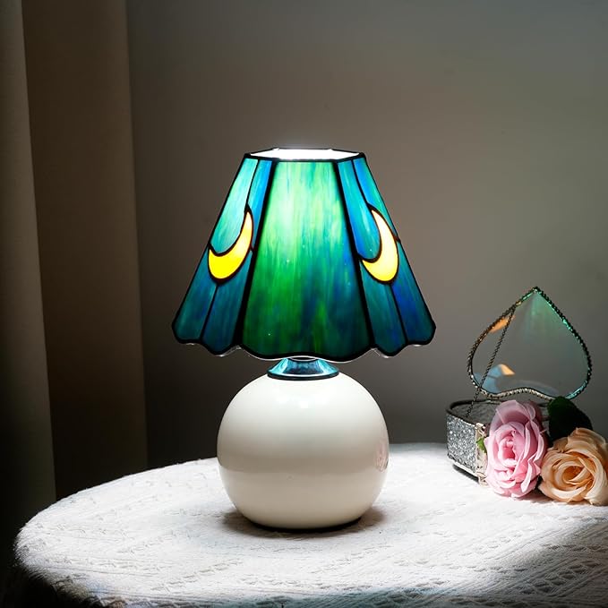 Mushroom Tiffany Lamp Stained Glass Moon Lamp Small Bedside Table Lamps for Bedroom Dorm Living Kitchen, Home Birthday Christmas Thanksgiving Day Gift (Sea Blue)