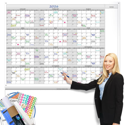 Jumbo Dry Erase Yearly Whiteboard Wall Calendar, 55" x 63", Huge 12 Month Laminated Erasable White Board, Giant Annual Family Schedule Planner, Large Undated Reusable Year Poster