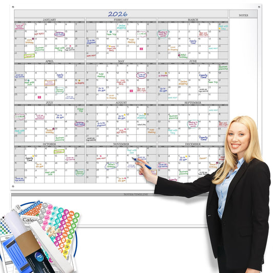 Jumbo Dry Erase Yearly Whiteboard Wall Calendar, 55" x 63", Huge 12 Month Laminated Erasable White Board, Giant Annual Family Schedule Planner, Large Undated Reusable Year Poster