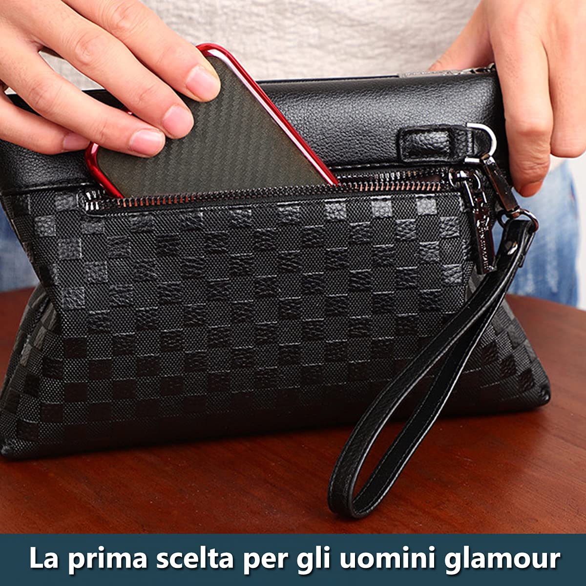 A-QMZL Men's Leather Clutch Bag Large Capacity Business Clutch Bags Wallet Card Slots Pockets with Zipper Wallets for Men with Wrist Strap Wrist Bag Work Travel Casual, Black, 26*17*3.5cm, Retro