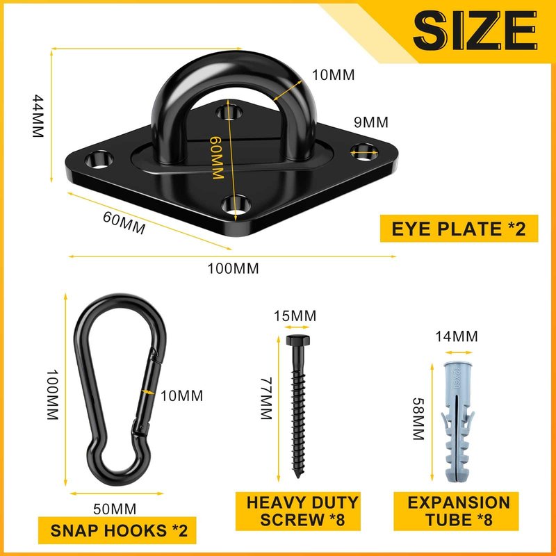 Morzejar Heavy Duty Black Hammock Hooks Screws Bolts Included, Over 1700 lb Rust-Resistant Swing Hook Hardware, M10 Hanging Kit for Porch Yoga Seat Trapeze (Indoor/Outdoor)