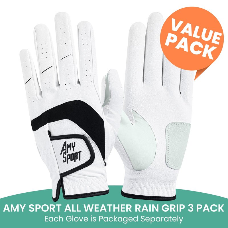 Amy Sport Golf Gloves Men Right Handed Golfer Left Hand 3 Pack PU Leather All Weather Grip Soft Breathable Flexible for Mens