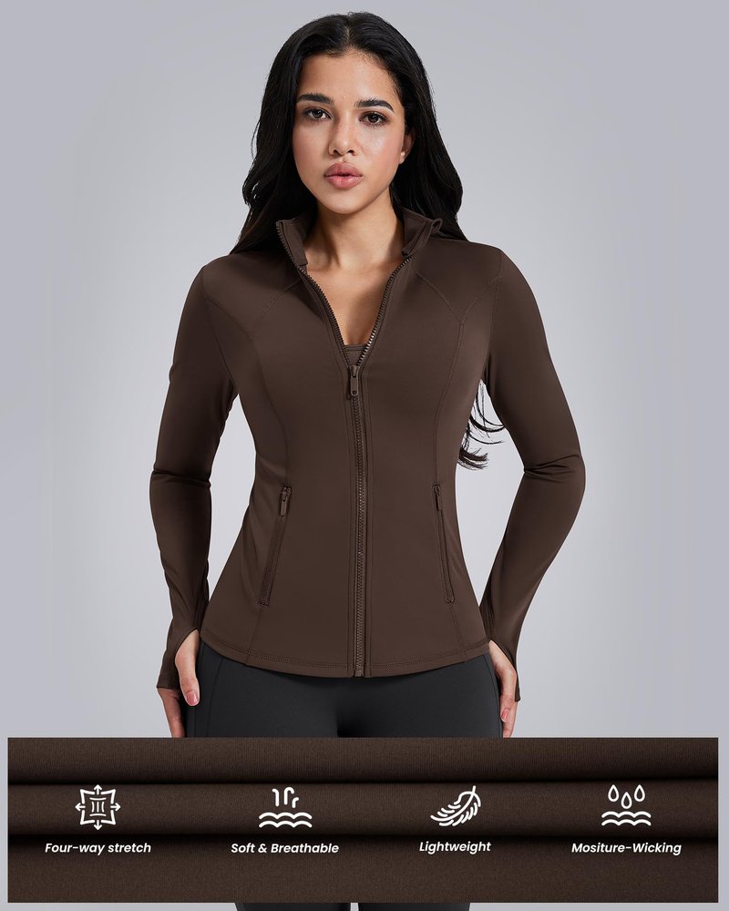 AVGO Womens Workout Jackets Lightweight Athletic Zip Up Jacket Slim Fit Running Gym Top with Pockets & Thumb Holes(Roasted Brown, L)