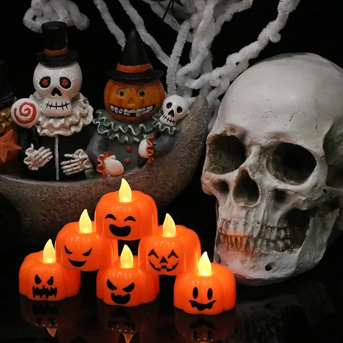 Halloween Flameless Candles with 6H Timer, Pumpkin Tea Lights with Ghost Face Flickering, LED Candles Battery Operated Fall Decor 6 Pack Φ 1.9" H 1.6" for Halloween Decorations