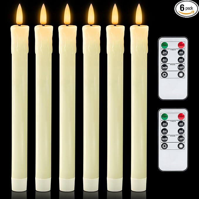 Homemory 6 PCS Real Wax Flameless Taper Candles with Remote, Flickering LED Candlesticks with Timer Dimmer, Fake Candles for Xmas Wedding Celebration Decor, Ivory, 9.6 Inches