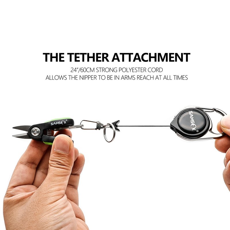 SAMSFX Fishing Nipper with Retractable Tether, Stainless Steel Blades that Cut Braid, Mono and Fluoro Lines, SNIP, Fishing Line Cutters (Green)