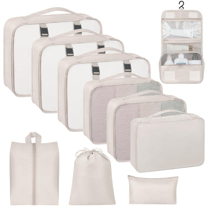 10 Set Packing Cubes for Travel, Luggage Organizer Bags with Hanging Toiletry Bag and Shoe Bag, Travel Packing Cubes for Carry on Suitcase Luggage Accessories Vacation Essentials (Beige)