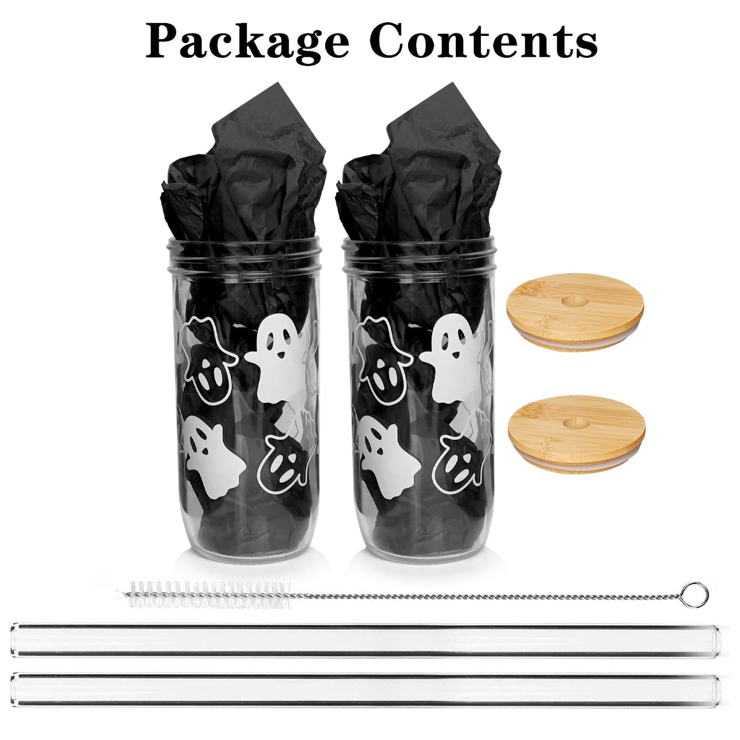 ANOTION Halloween Cups, Ghost Decor 24 oz Mug Mason Jar Glass Cups with Lids and Straws Ghost Tumblers Coffee Cups Cookie Jar Glasses Glassware Drinking Glasses Halloween Decorations Indoor