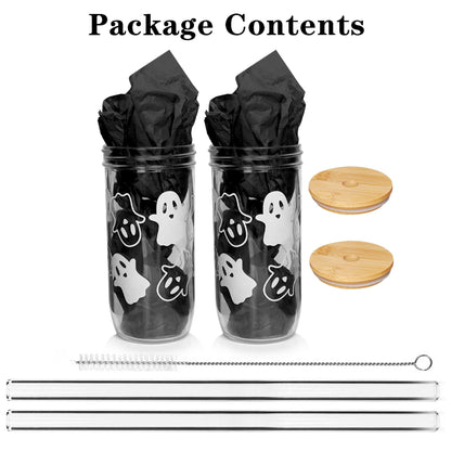 ANOTION Halloween Cups, Ghost Decor 24 oz Mug Mason Jar Glass Cups with Lids and Straws Ghost Tumblers Coffee Cups Cookie Jar Glasses Glassware Drinking Glasses Halloween Decorations Indoor