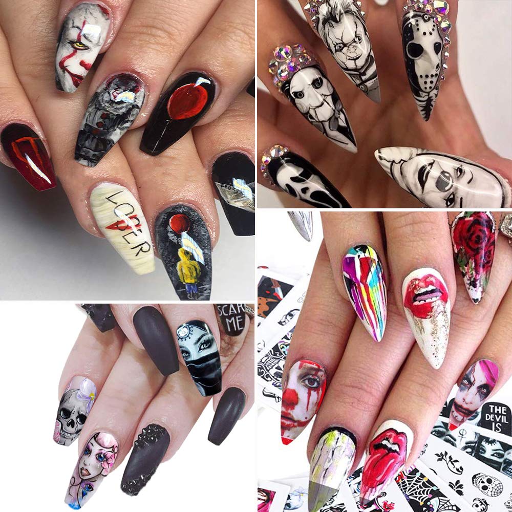 Halloween Nail Stickers - 24 Sheets Day of The Dead Water Transfer Nail Decals Ghost Spider Face Web Witch Skeleton Nail Art Stickers Wraps Manicure Tips Strips Decoration for Halloween Party Supply