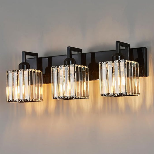 Modern Bathroom Vanity Light 3-Lights Plating Black Vanity Light Crystal Wall Light Bathroom Light Fixtures