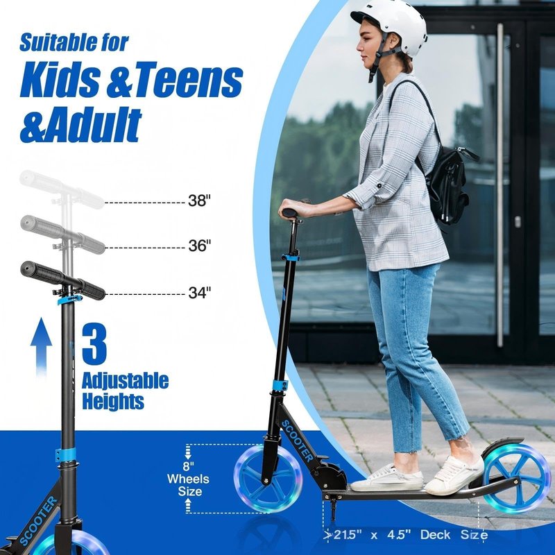 GYMAX Scooter for Adults, 220LBS Folding Aluminum Scooters with LED Flashing Wheels, Carrying Straps, Adjustable Handlebar & Kickstand, Quick Release Portable Kick Scooter for Teens, Youth (Black)