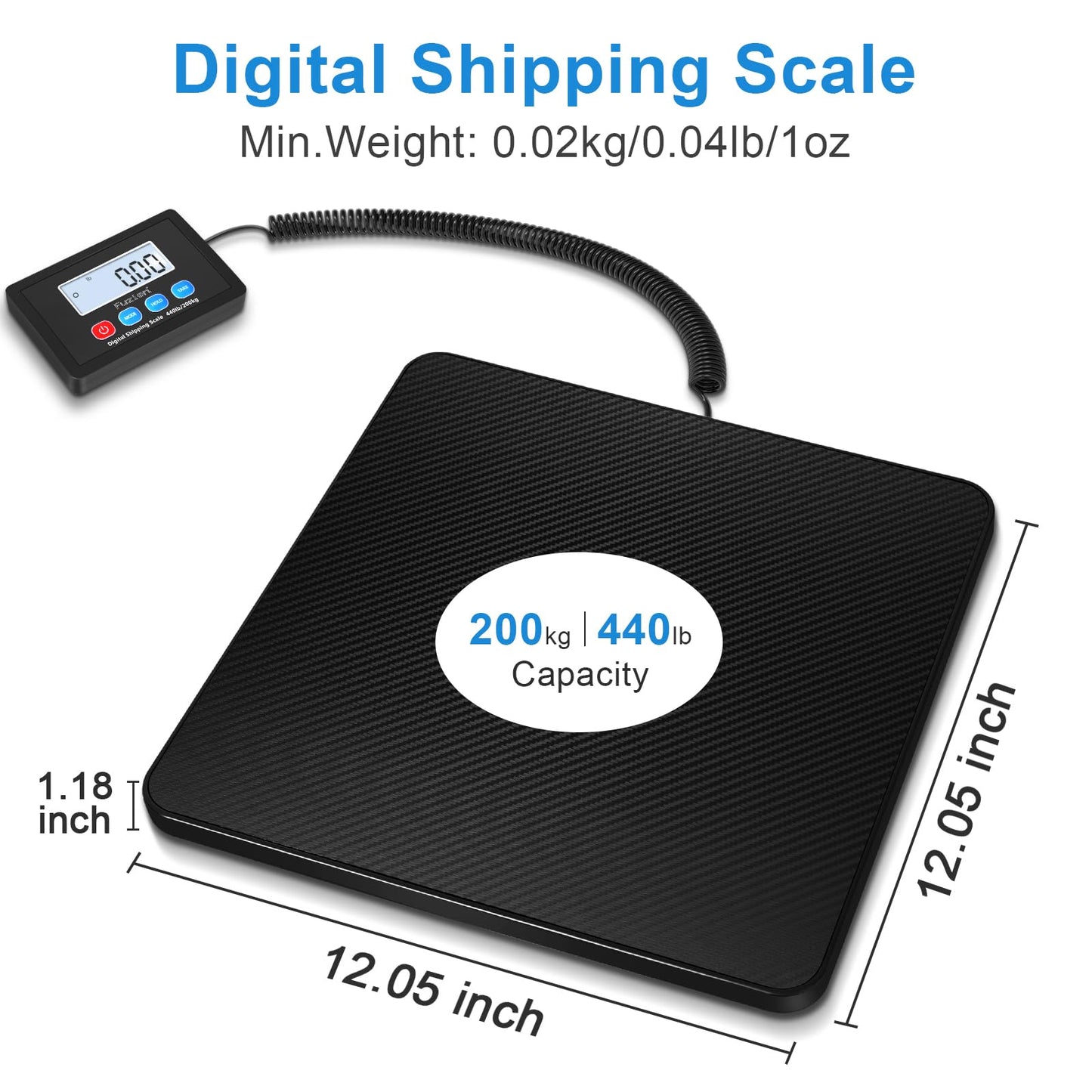 Fuzion Shipping Scale, 440LB x 10g High Accuracy Postal Scale, Hold/Tare Function, Digital Shipping Postal Scale for Packages, Postage, Luggage, Mailing, Battery & AC Adapter Included