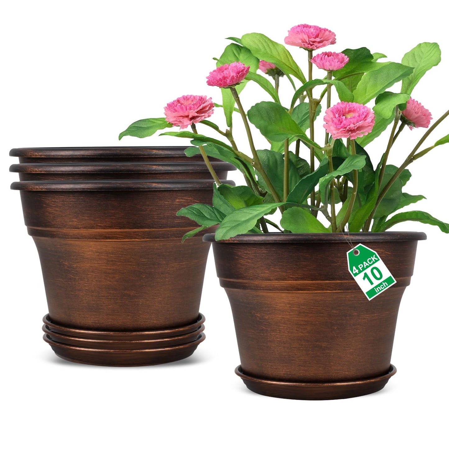 10 Inch Planters Plant Pots Indoor Outdoor, 4 Pack Plastic Flower Pot for Indoor Plants with Drainage Holes & Trays, Resin Decorative Container Sets with Saucer for House Garden Copper