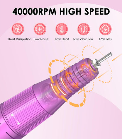 Portable Nail Drill Electric File: 40000RPM Professional Rechargeable Nail E-File Machine, Cordless Nail Drill with Bits & Base for Acrylic Nails Remove Nail Gel Polish Manicure for Salon Home, White