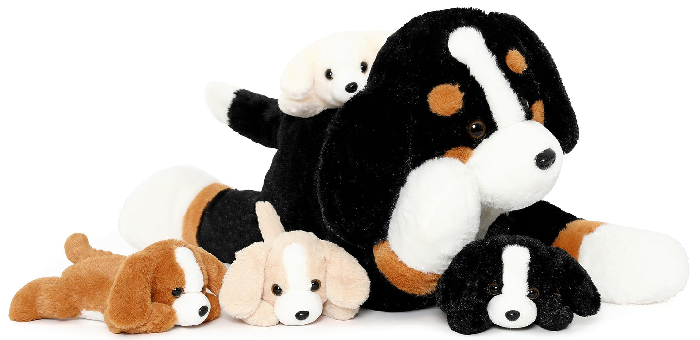 MorisMos Dog Teddy Stuffed Animal, 60cm Cuddly Mommy Dog with 4 Babies Puppy Inside Kawaii Giant Dog Plush Soft Toy Gift for Kids Birthday Valentines Deco