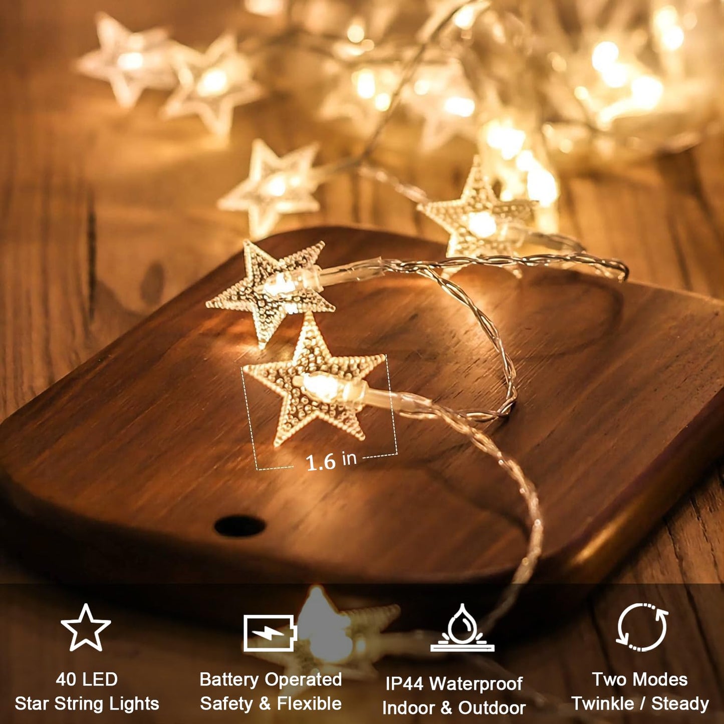 Christmas Decor Star String Lights, 20 FT 40 LED Battery Operated Twinkle Lights Warm White Cute Hanging Star Fairy Light for Bedroom Room Office Home Camper Indoor Outdoor Xmas Tree Decorations