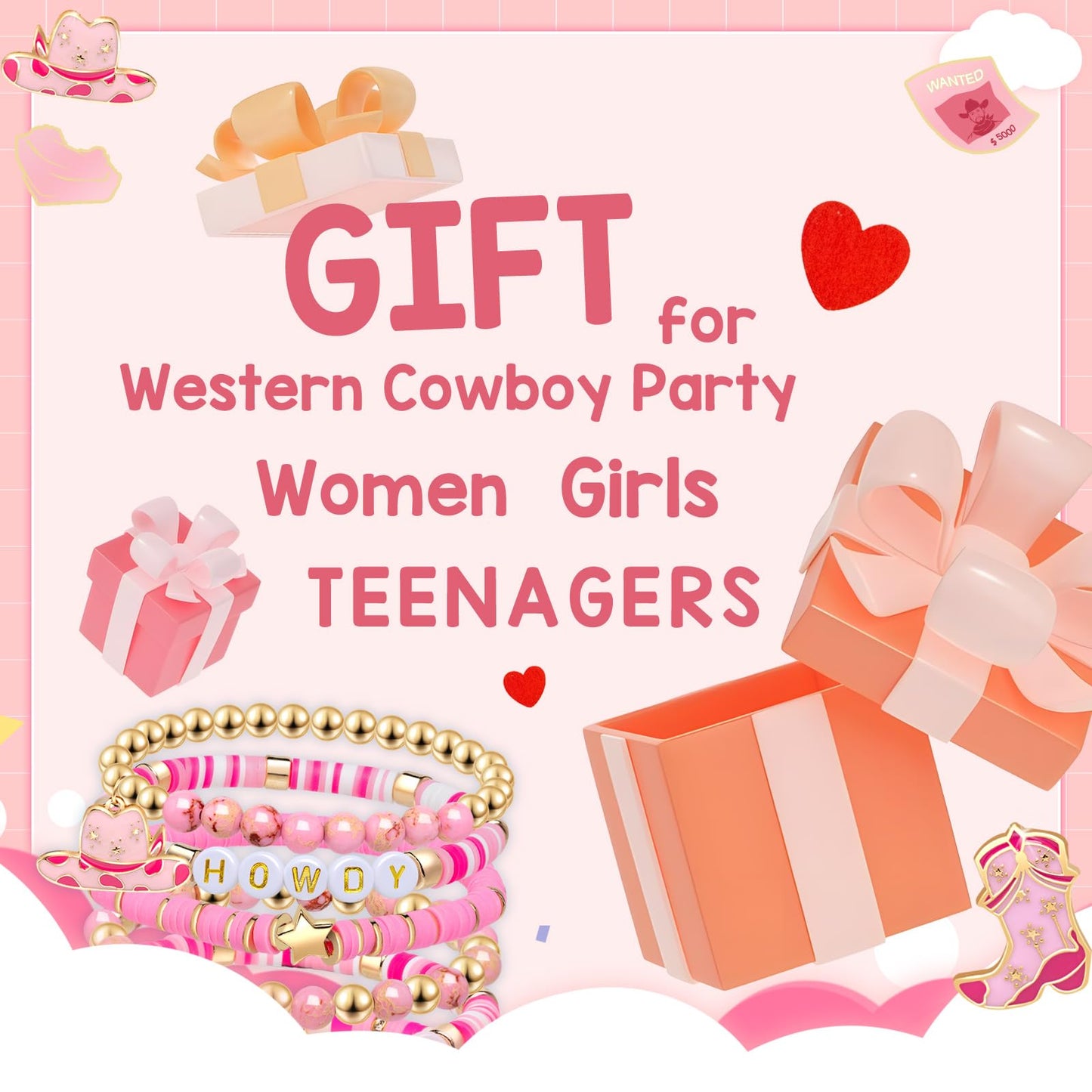 Artlunar Western Cowgirl Beaded Stretch Bracelets, Stackable cowgirl hat boot accessories, Bohemian Jewelry for Women Girls Teens Christmas Birthday Gift Pink