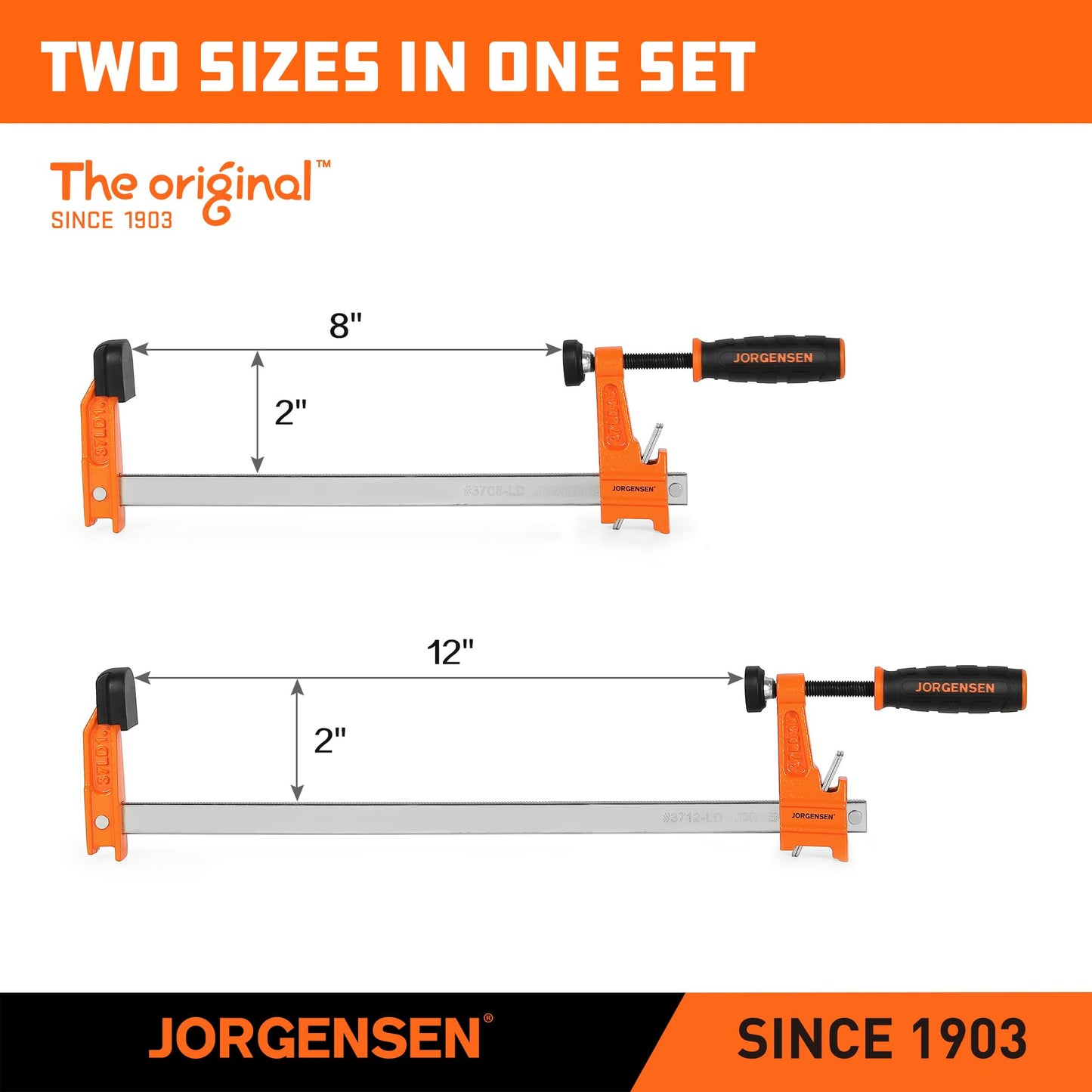 Jorgensen 2-Piece Steel Bar Clamp Set, Light Duty F-Clamp, 8-inch & 12-inch