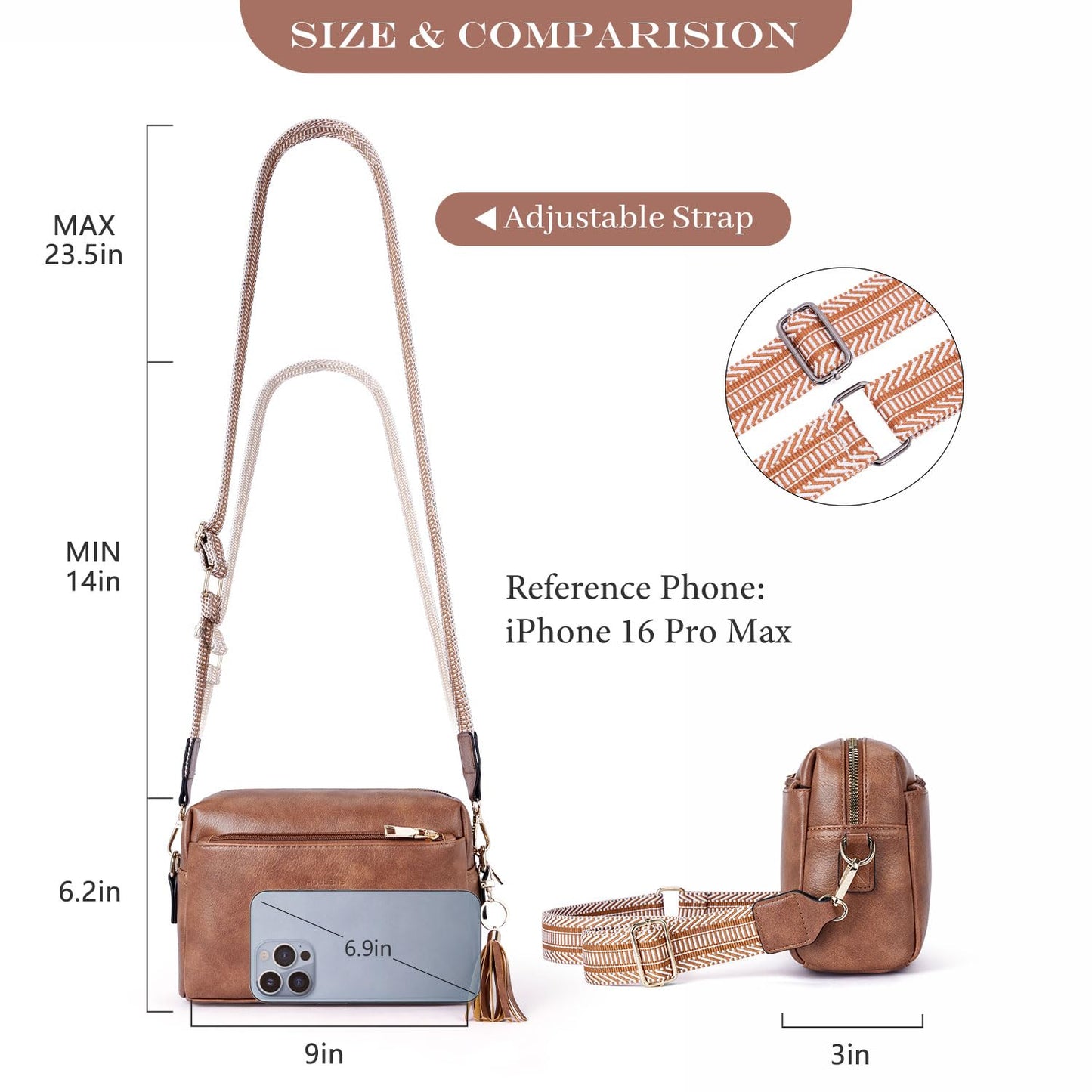 Roulens Triple Zip Small Crossbody Bag for women,Wide Strap Cell Phone Purse Shoulder Handbag Wallet with Credit Card Slots