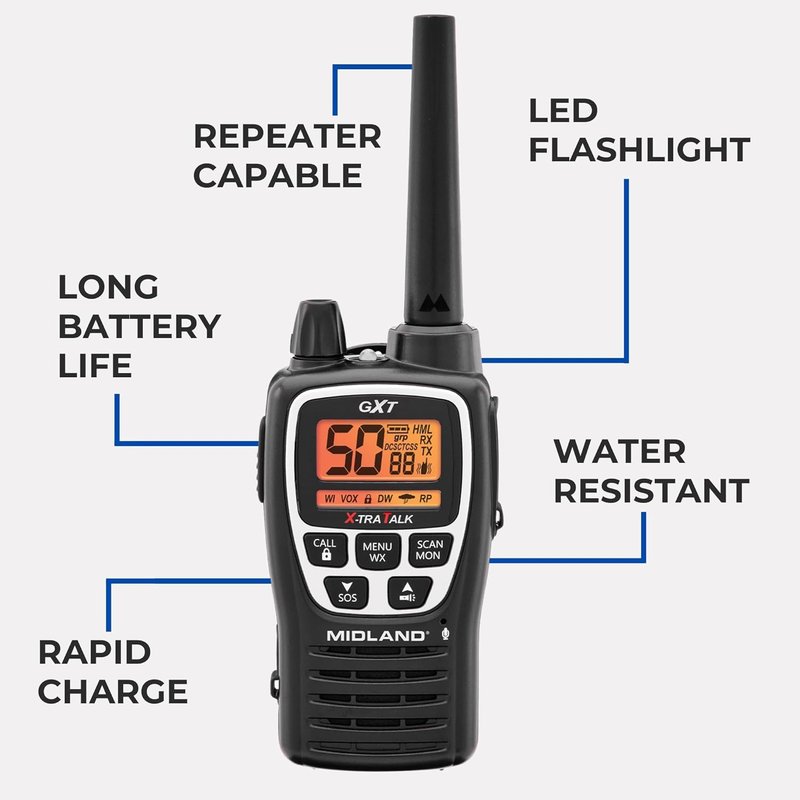 Midland GXT3000 GMRS Two-Way Radio - Long Range, 50 Channels, Rechargeable Battery | Black/Silver, 2-Pack