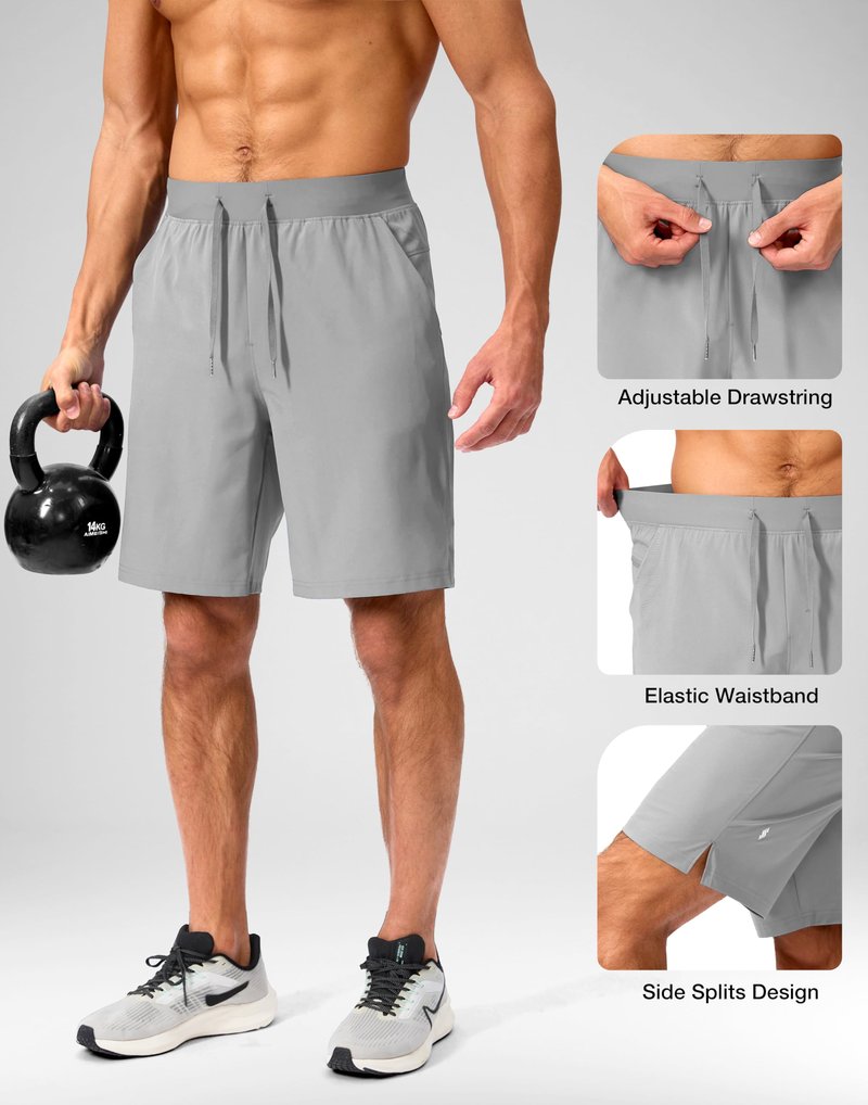 Soothfeel Men's Running Shorts with Zipper Pockets 9 Inch Lightweight Quick Dry Gym Sports Athletic Workout Basketball Shorts for Men (Light Grey, XXXL)