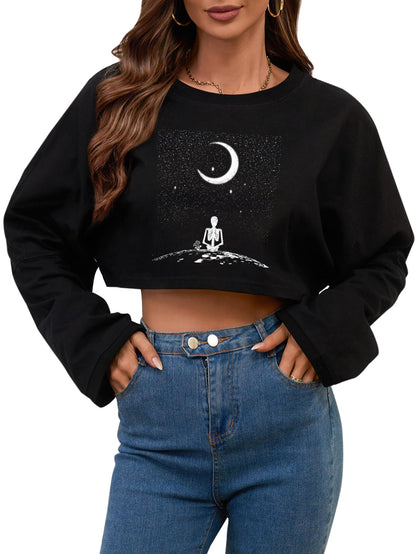 Remidoo Women's Casual Graphic Cropped Sweatshirt Long Sleeve Crop Top Crewneck Pullover Shirt Skeleton Black Large