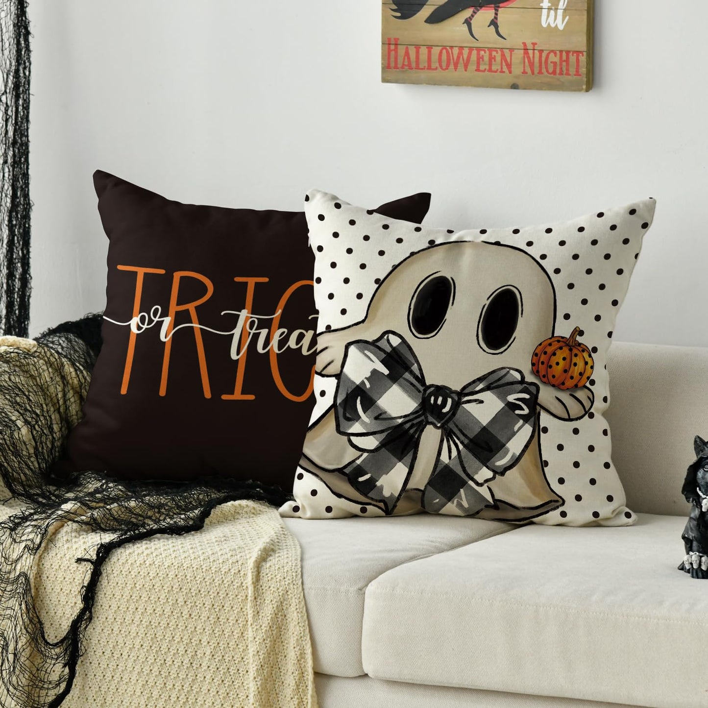AVOIN colorlife Happy Halloween Cute Ghost Trick or Treat Throw Pillow Covers, 18 x 18 Inch Polka Dot Pumpkin Bat Cushion Case for Sofa Couch Set of 4, Black