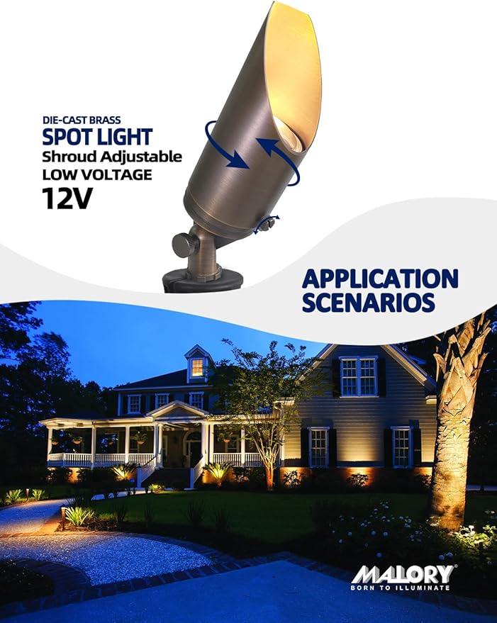 MALORY Brass Landscape Spotlight 6-Pack with 5W LED MR16 Bulb Kit(S03), 12V AC/DC Low Voltage Outdoor Landscape Lighting Shroud Adjustable,Ground Stake and Wire Connector Included,2700K Warm White