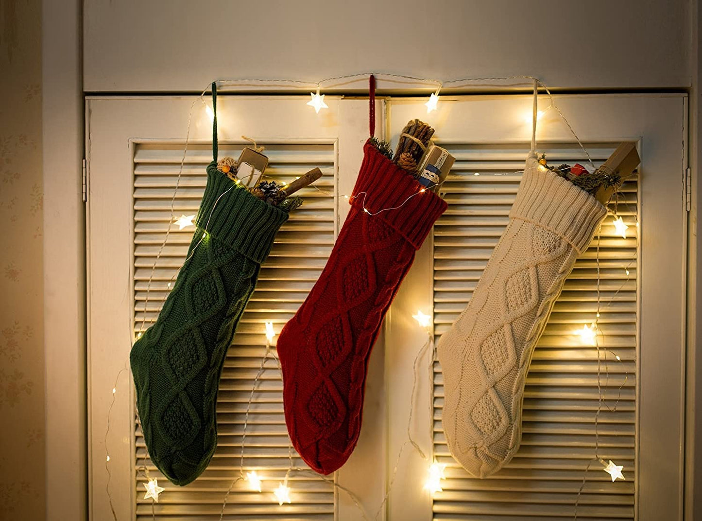 Fesciory Christmas Stockings, 6 Pack 18" Large Knit Stocking & Decor for Family Holiday Xmas Party Gift, Burgundy&Ivory&Green