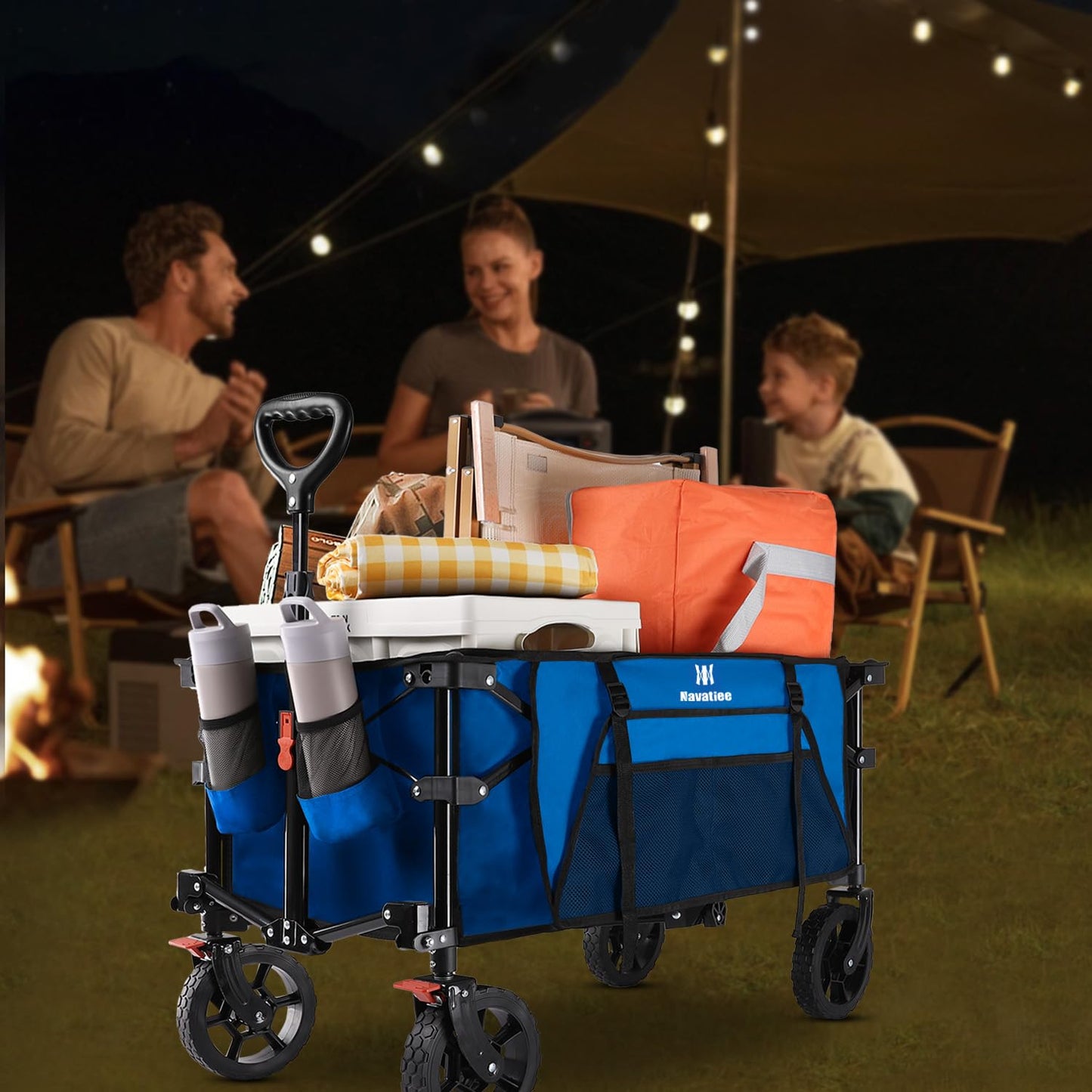 Navatiee 130L Collapsible Foldable Wagon With Wheels, Large Capacity Cart With Side Pocket and Brakes for Grocery Shopping, Garden and Outdoor Use, Blue