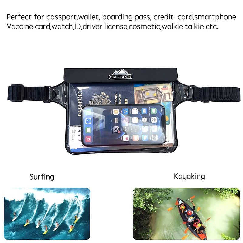 DRLOKPAK Waterproof Waist Bag Pouch Fanny Pack Bum Bag with Secret Holder Keeps Your Phone Kindle Wallet Watch & Valuables Dry - Perfect for Surf Canoe Swim Snorkel Dive Beach Pool(Black)