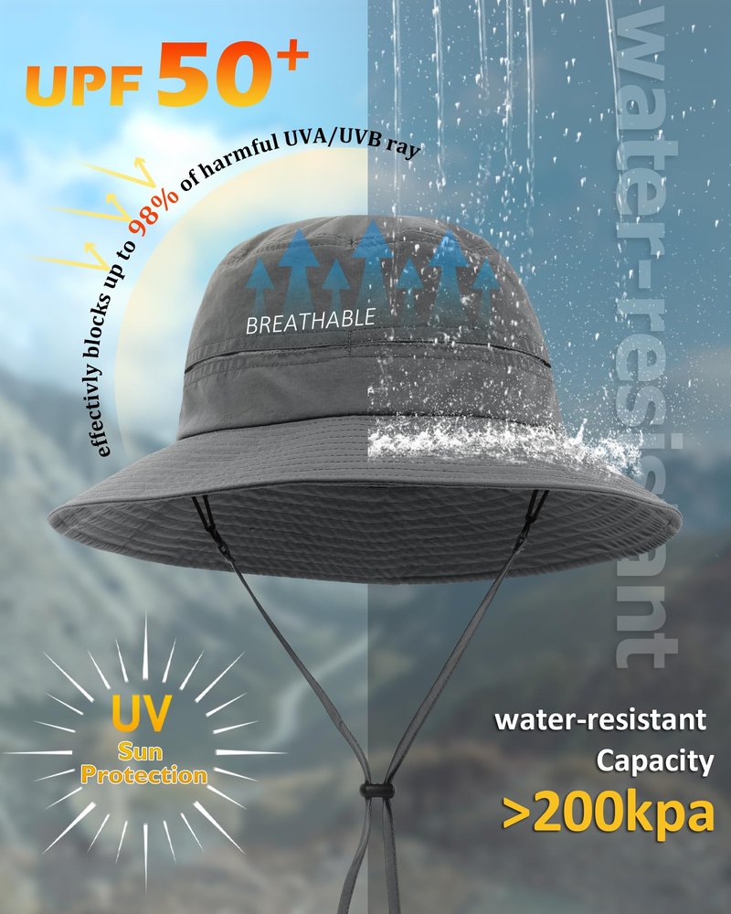 Womens Ponytail Sun Hat Packable UPF50+ Waterproof Bucket Hat Hiking Fishing Safari Hat Foldable Beach Hat Dark Grey