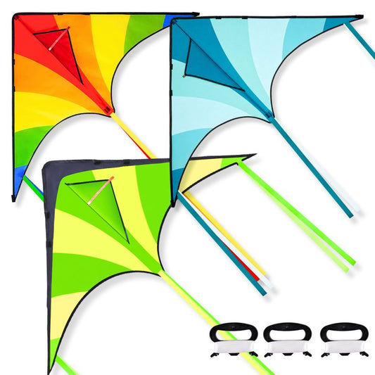 JOYIN 3 Packs Large Delta Kite Green, Blue and Rainbow, Easy to Fly for Kids with 262.5 ft String, Large Delta Beach Kite for Outdoor Games and Activities