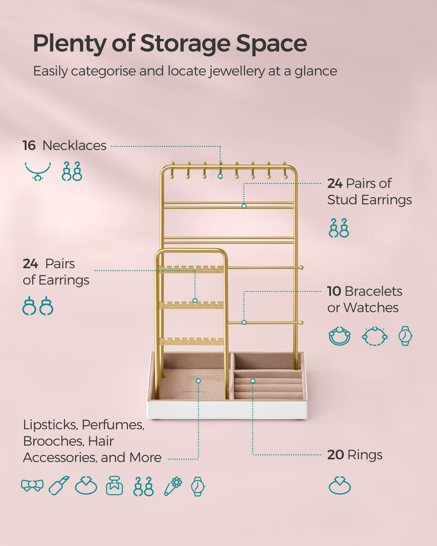 SONGMICS Jewellery Stand, Jewellery Organiser, Jewellery Display Stand with Metal Frame and Velvet Tray, Earring Bracelet Holder, Necklace Stand, for Studs, Rings, Gift Idea, Gold Colour JJS021A01