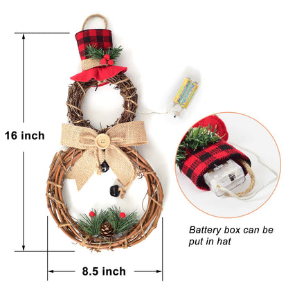 Lvydec Lighted Christmas Wreath Decoration - 16 x 8 Inch Grapevine Wreath with Hat and Bow Snowman Shape Wreath for Front Door Home Wall Decor