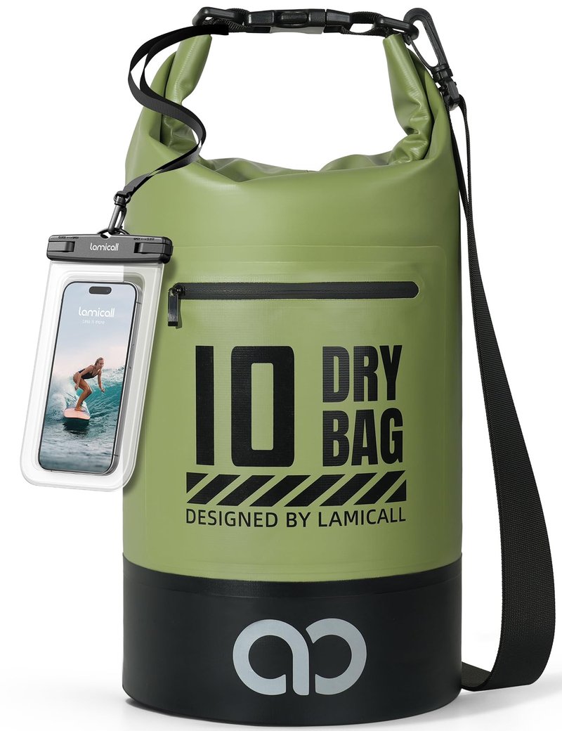 Lamicall Waterproof Dry Bag with Phone Pouch - 5L/10L/20L/30L/40L Floating Roll Top Backpack for Kayaking Boating Beach Camping Fishing - Heavy Duty 500D PVC Marine Dry Sack for Men, Women, Green 10L