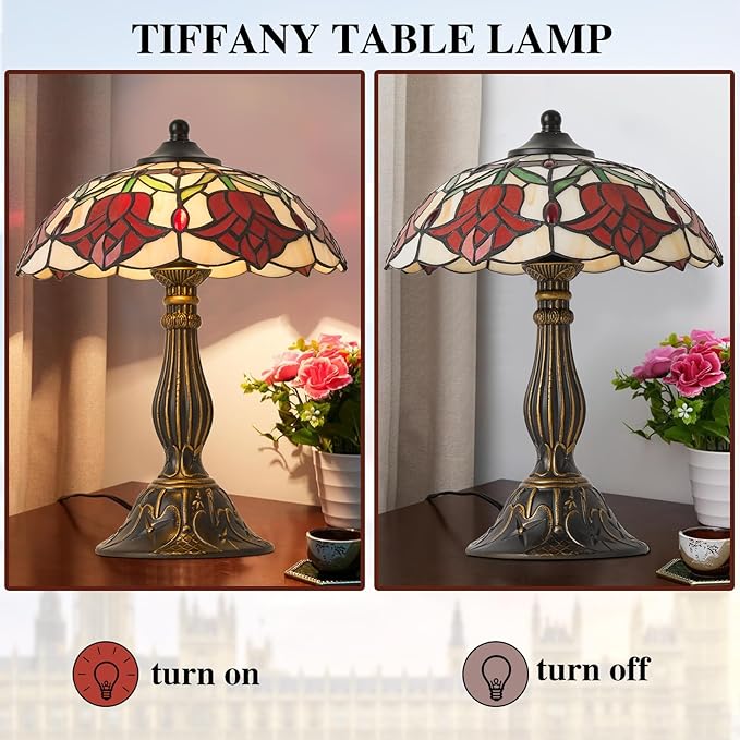 Tiffany Style Table Lamp, Vintage Style Desk Lamp with Stained Glass Shade, Mid Century Modern Bedside Nightstand Decorative Lamps Unique Accent Light for Bedroom Living Room ect
