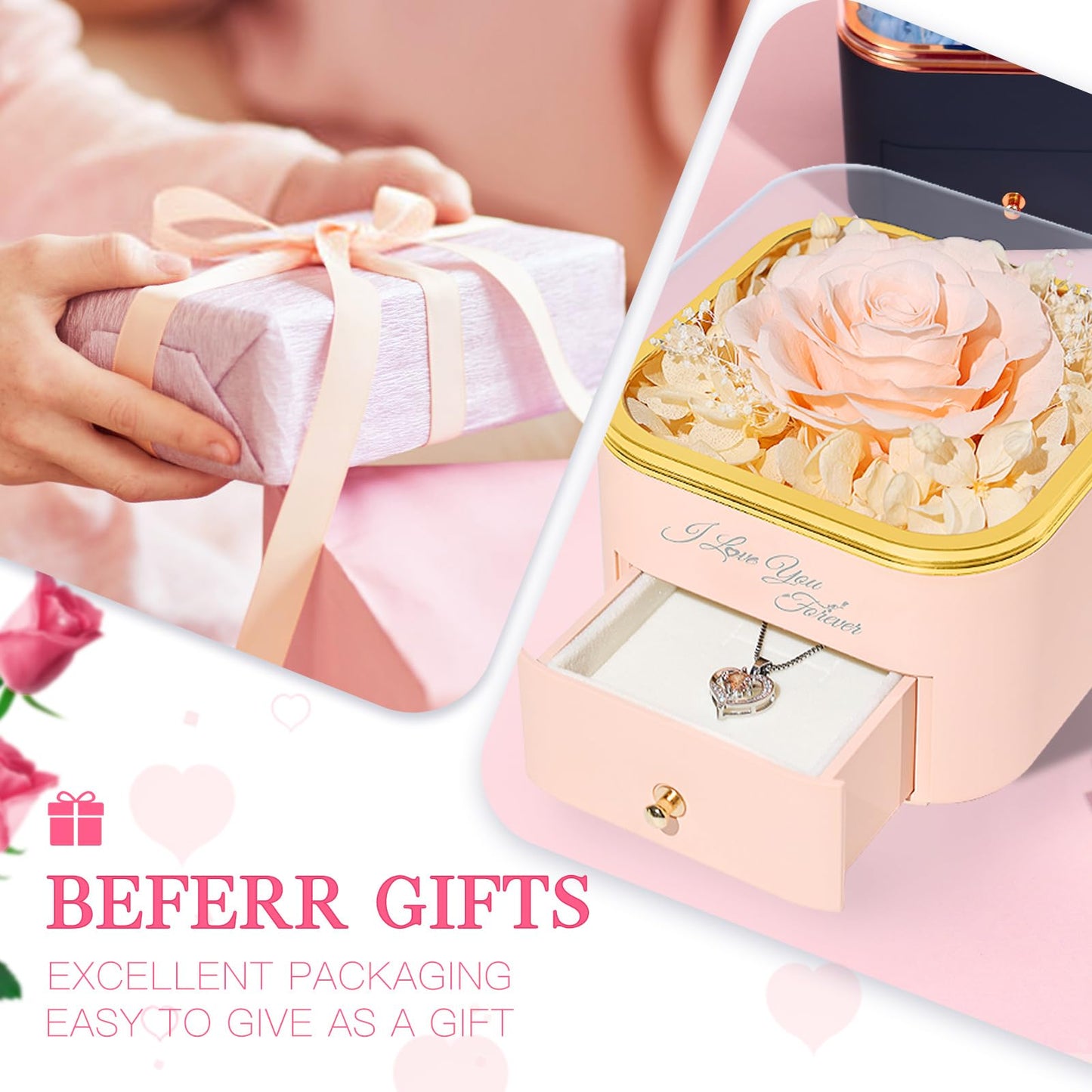 Beferr Valentines Day Gifts for Her Preserved Real Rose with Necklace Eternal Roses Forever Flowers for Delivery Prime Mothers Anniversary Birthday Gifts for Women Mom Grandma Wife Daughter Girlfriend