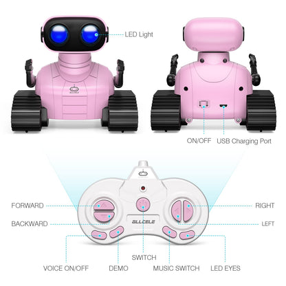 ALLCELE Robot Toys, Rechargeable Kids RC Robots for Girls & Boys, Remote Control Toy with LED Eyes & Music, for Children Age 3+ Years Old - Pink