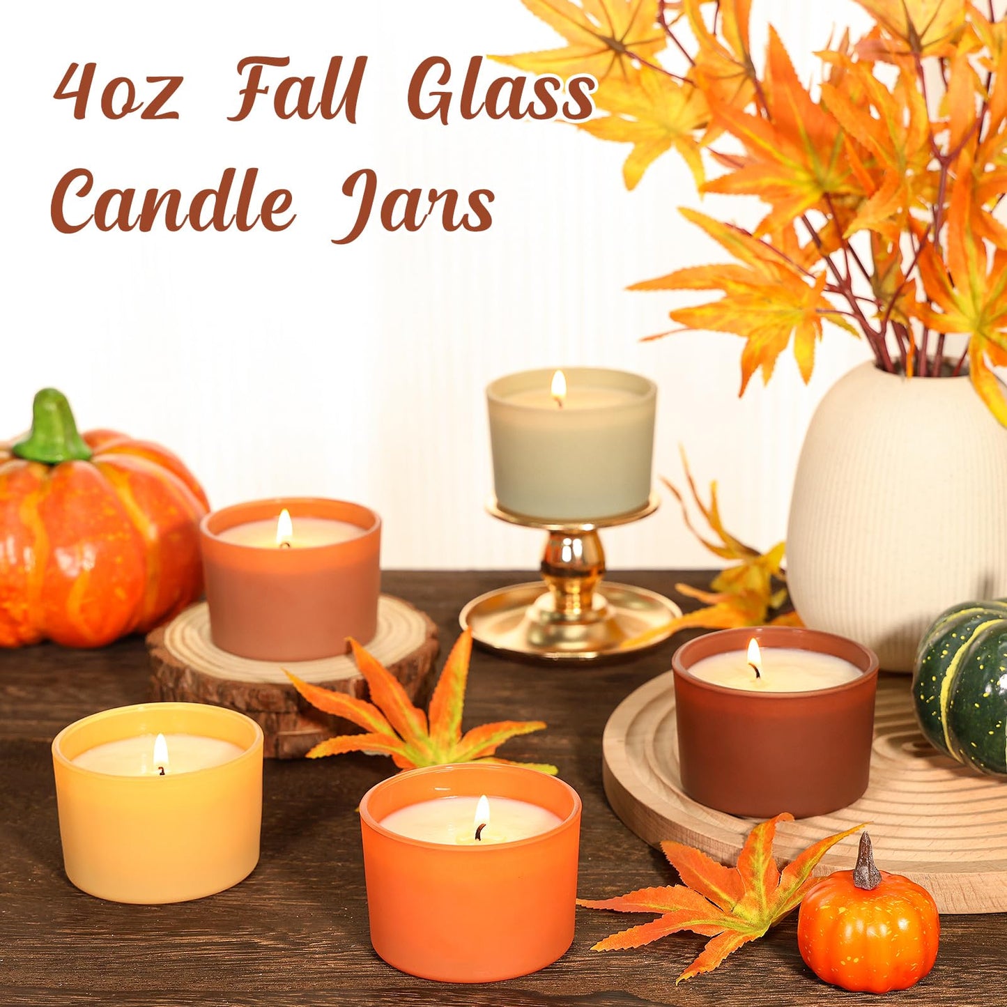 SUPMIND 4oz Fall Candle Jars 15 Pack, Small Wide Mouth Glass Empty Candle Jars with Bamboo Lids for Making Candles, Bulk Candle Container with Wick Kit, Ideal for Candle Business Owners