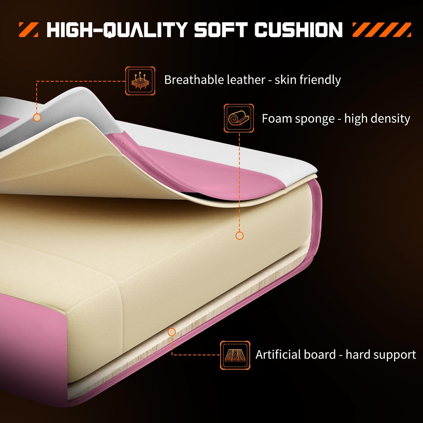 DUMOS Ergonomic Gaming Desk Chair - PU Leather Recliner with Footrest, Lumbar Support, Headrest, Fixed Armrests, Height Adjustable, 360° Swivel, Pink, for Adults