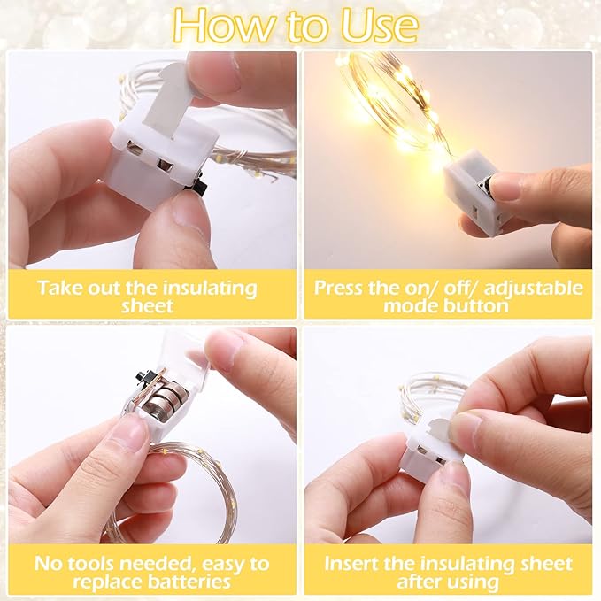 Hortsun 20 Packs Fairy Lights Battery Operated 3 Speed Modes, 7 Ft/ 2 M 20 LED Battery String Mini Waterproof Wire Twinkle Lights Bulk for Wedding Party Birthday Vases (Warm White)