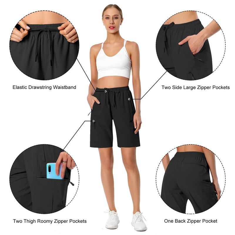 Hugut Women's Lightweight Hiking Cargo Shorts Quick Dry Athletic Shorts Camping Travel Golf Zipper Pockets Water Resistant Black