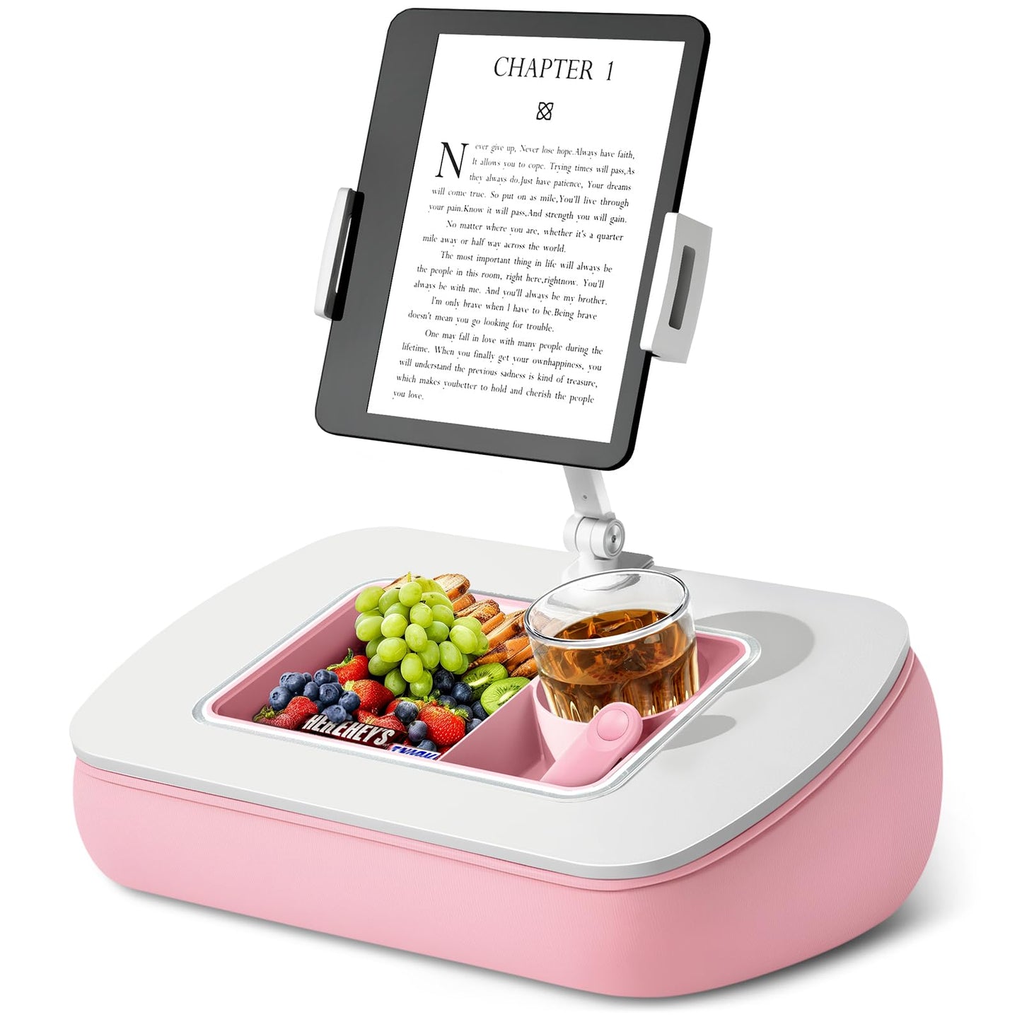 ERGONOV Lap Beanbag Tablet Pillow Stand with Snack Bowl and 360° Rotating Arm, Adjustable iPad Holder for Bed, Couch, and Recliner, Compatible with 4.7"-13" Kindle, iPad, Tablet, Phone,Pink