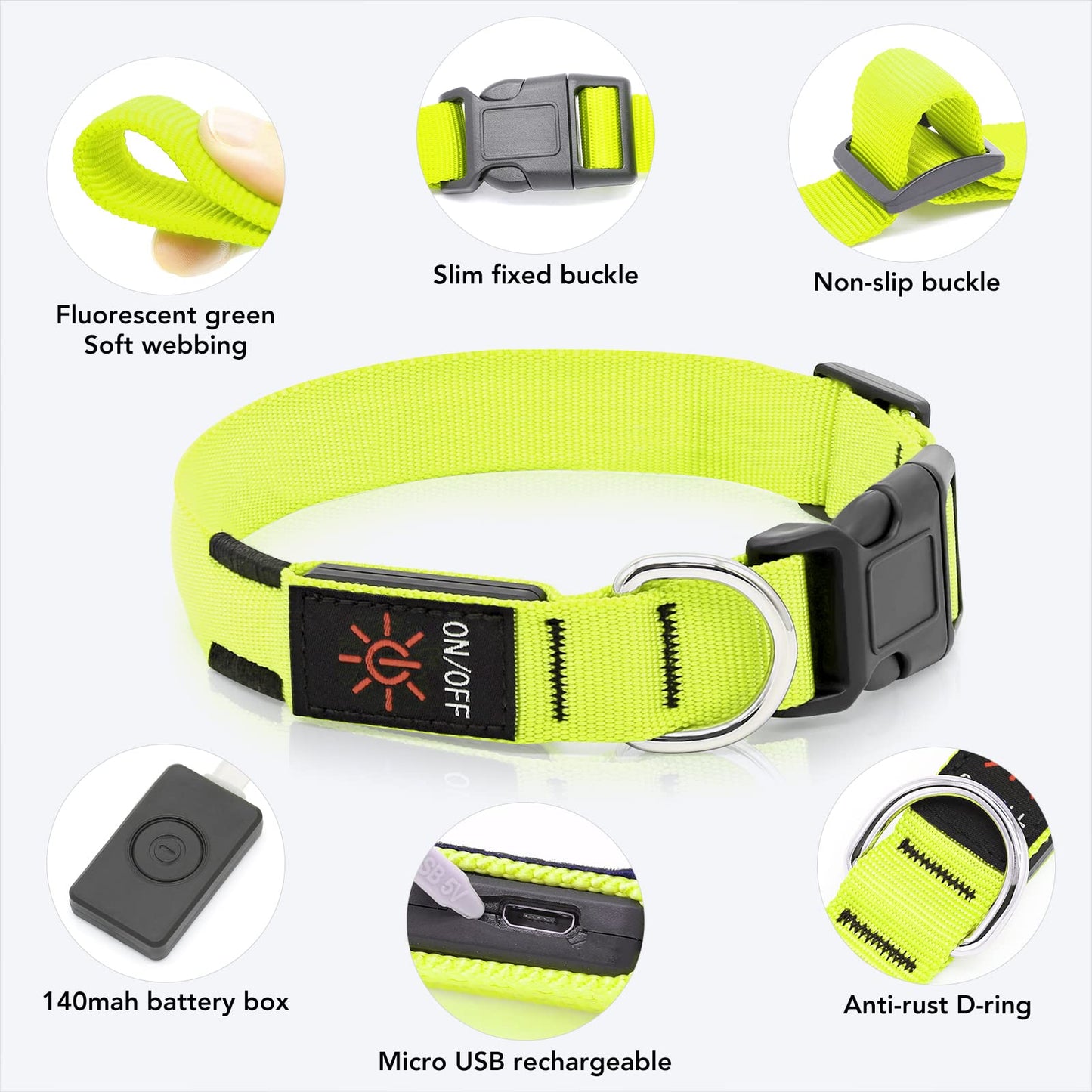KOSKILL Light-Up Dog Collar, Rechargeable USB Collar, Waterproof, Luminous LED Collar, Adjustable, Super Bright, for Medium/Large Dogs, Green, M
