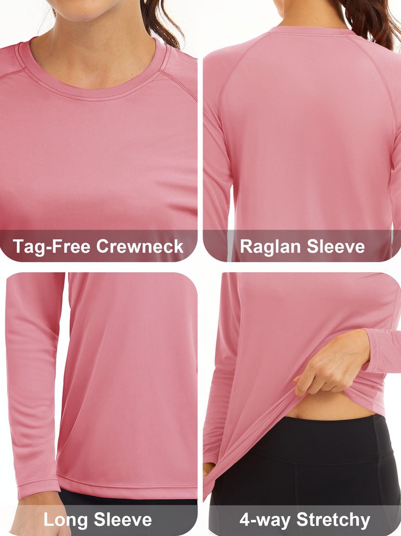 MAGCOMSEN Athletic Shirts for Women Fitted Workout Shirts for Women Sun Protection Shirts UPF 50+ Summer T Shirts Rash Guard Running Shirts Women Grey Pink