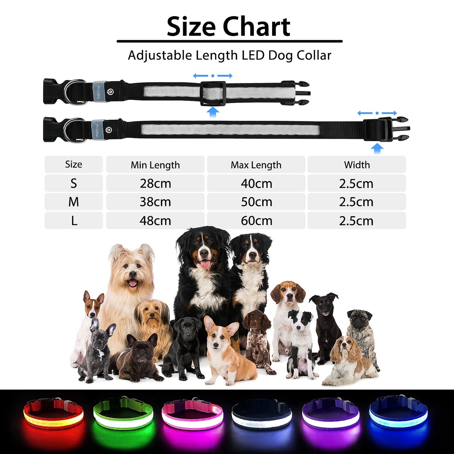 Pceotllar Light Up Collar - Rechargeable Flashing LED, Waterproof, 7 Colors, 8 Modes - Black, Adjustable for Small to Large Dogs