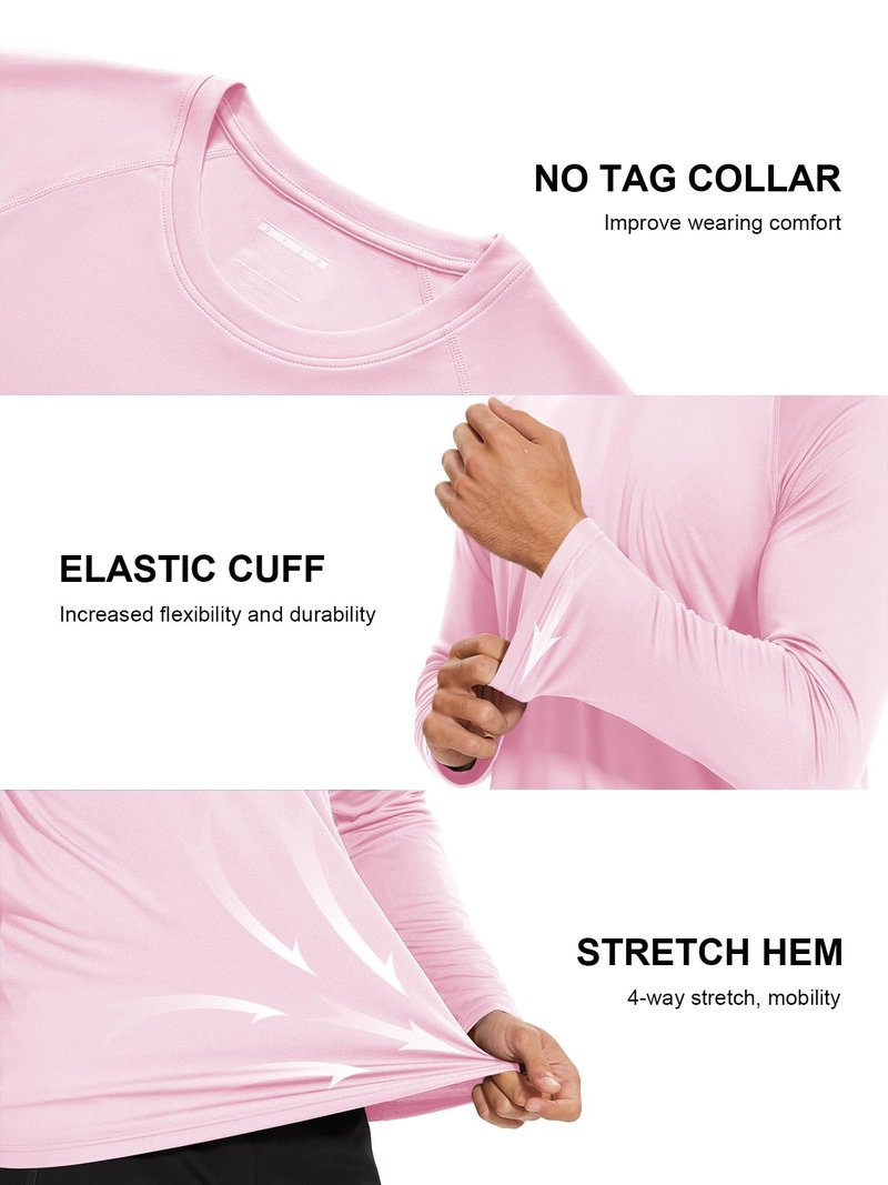 Summer Shirts Men Long Sleeve Quick Dry Swim Fishing Hiking Sun Protection UPF 50 UV Rash Guard Athletic Shirts Light Pink