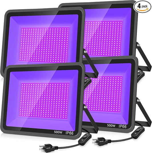 500W 4 Pack LED Black Light,Black Flood Light Outdoor with Plug and Switch, IP66 Waterproof 395nm to 405nm LED UV Blacklight Neon Glow for Glow Party, Halloween, Fluorescent Poster, Body Paint